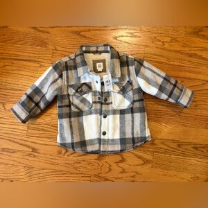 GAP Baby Plaid Shacket in Cream, Gray, and Brown